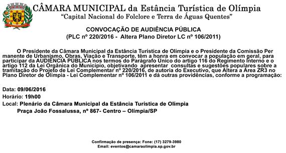 Convocação de Audiência Pública, Altera a Área ZR3 no Plano Diretor – às 19h00 de 09 de junho