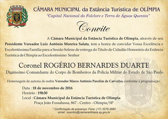 Coronel Duarte Comandante dos Bombeiros, receberá o título de Cidadão Olímpiense dia 18
