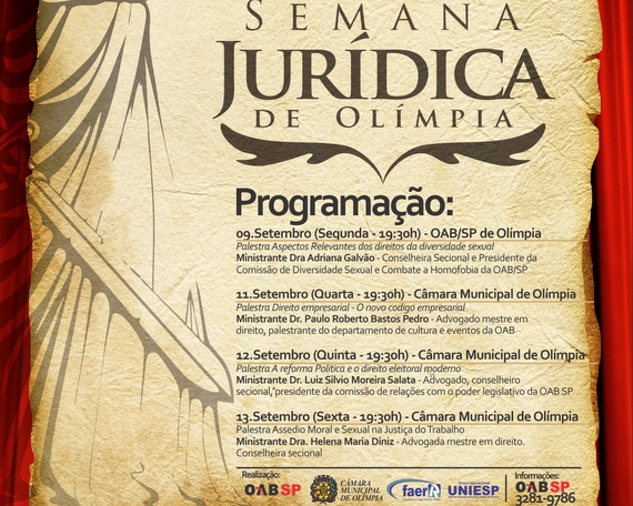 Programação da semana jurídica que ocorrerá nos dias 09, 11, 12, 13 de setembro
