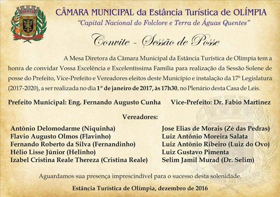 Sessão Solene de posse do Prefeito, Vice-Prefeito e Vereadores de Olímpia neste domingo (01), às 17h30