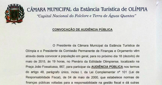 Convocação de Audiência Publica sobre LDO.