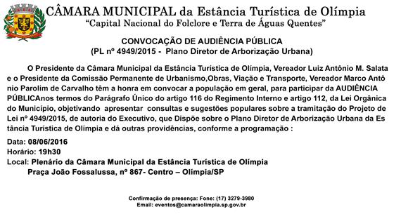 Convocação de Audiência Público, Plano Diretor de Arborização Urbana - às 19h30 de 08 de junho