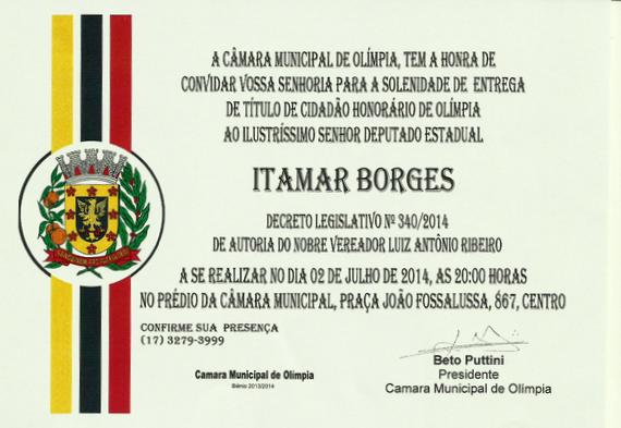 Deputado Itamar Borges receberá título de cidadão olimpiense na quarta-feira (2)
