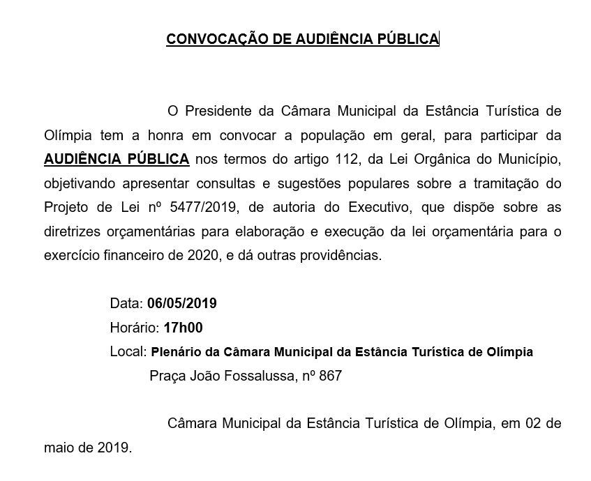 CÂMARA CONVOCA POPULAÇÃO PARA AUDIÊNCIA PÚBLICA A SER REALIZADA NO DIA 06