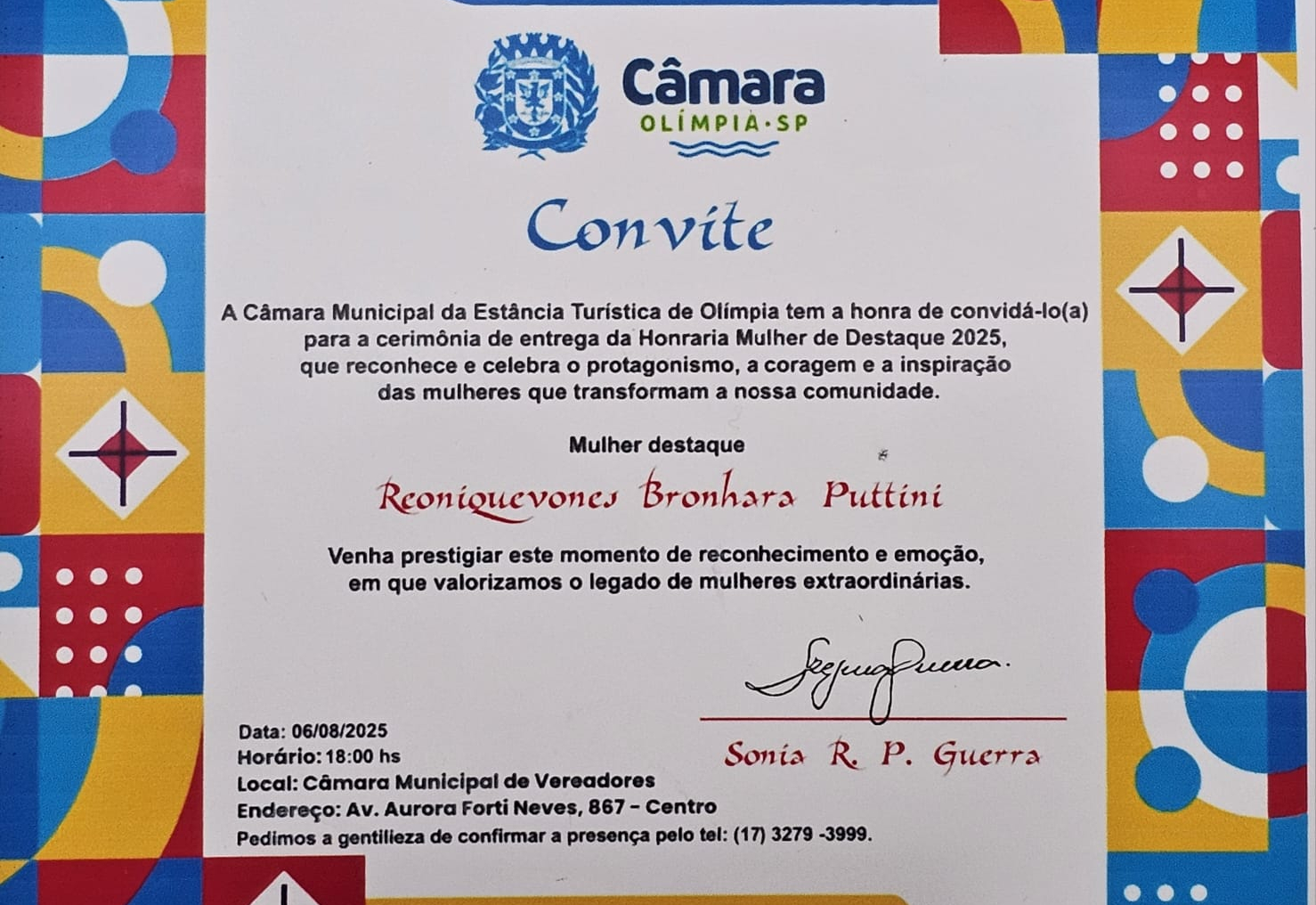 Reunique Puttini recebe título de Mulher Destaque 2025 na Câmara de Olímpia