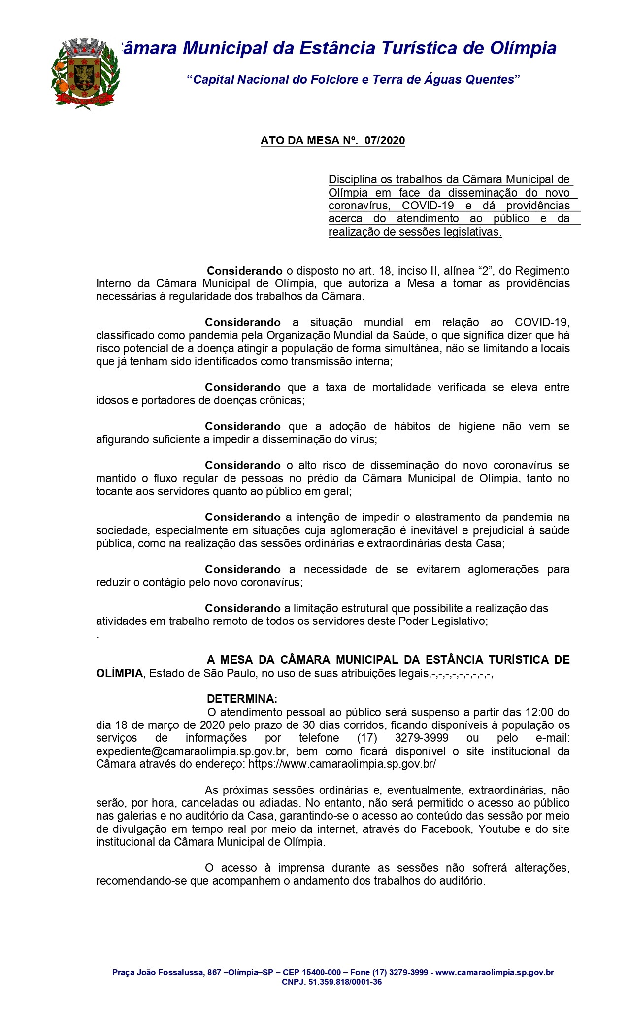Câmara edita Ato da Mesa alterando o seu funcionamento em prevenção ao coronavírus